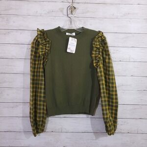 &merci Olive Green Plaid Ruffle Balloon Sleeve Cottagecore Sweater‎ Small NEW
